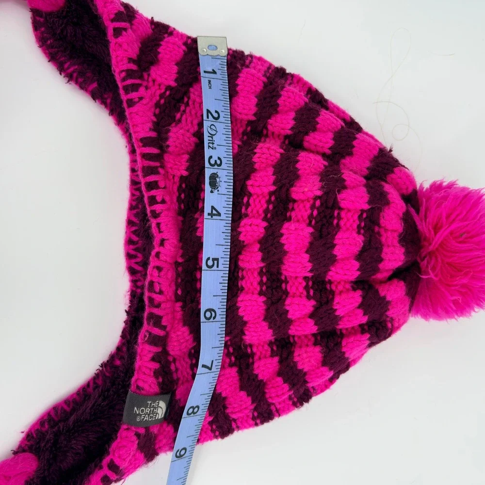 The North Face‎ Girls Knit Earflap Beanie Hat Pink/Burgundy Fleece Lined Pom S/M